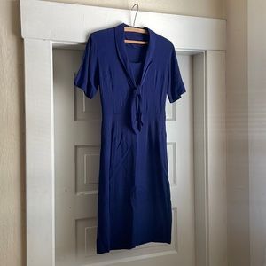 Vintage 1940s Dark Navy Blue Sailor Nautical Style Wiggle Pencil Dress With Bow